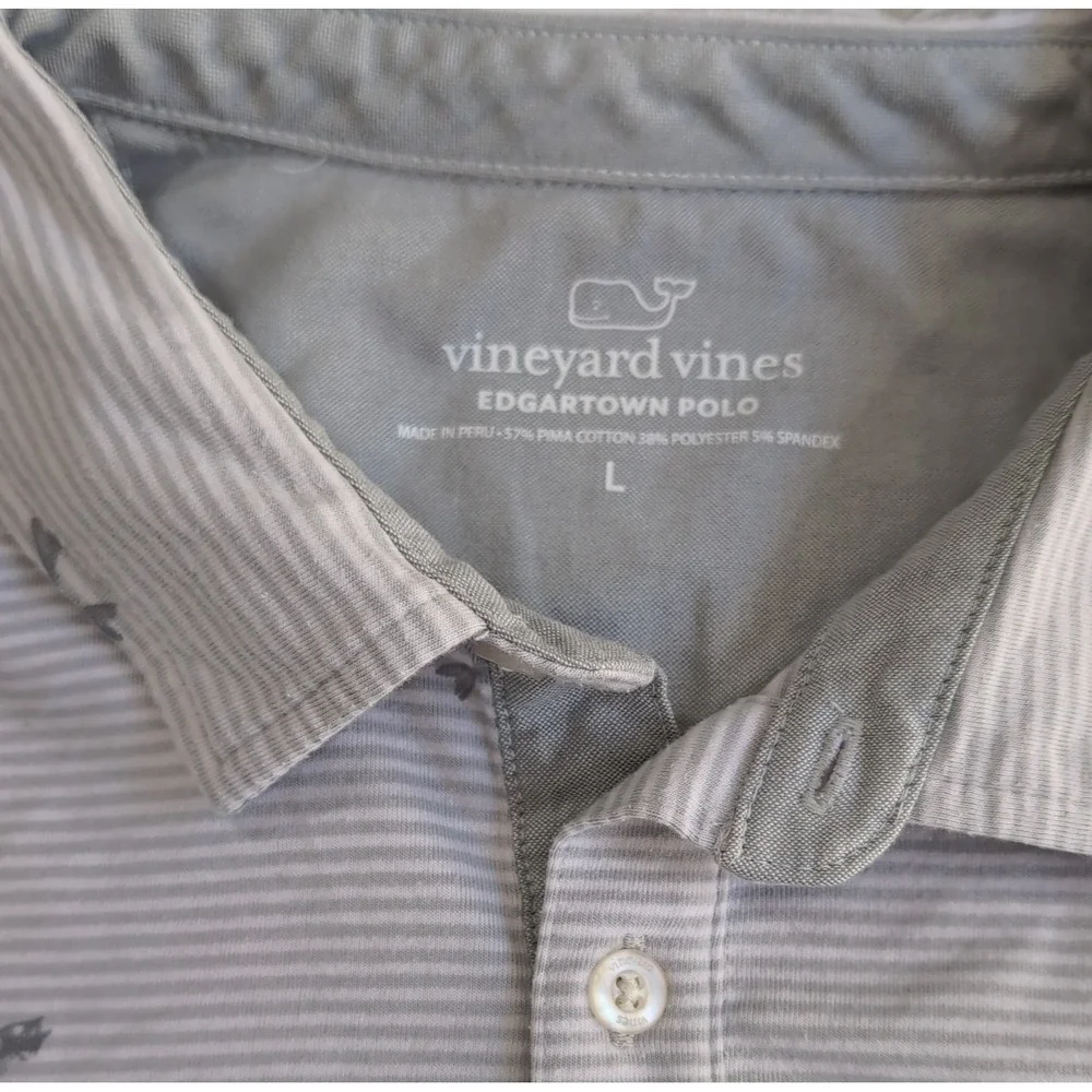 Vineyard Vines Edgartown Polo Shirt Mens L Gray Striped Crossed Fish Pima Blend